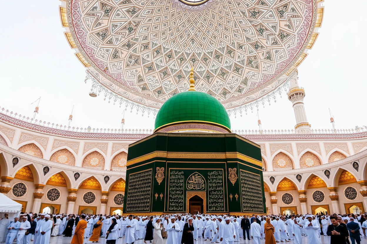 Madinah al-Munawwarah - Prophet's Mosque Masjid an-Nabawi with iconic Green Dome at sunset