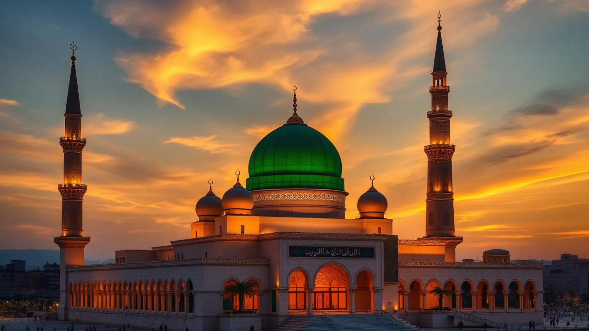 Madinah al-Munawwarah - Prophet's Mosque Masjid an-Nabawi with iconic Green Dome at sunset
