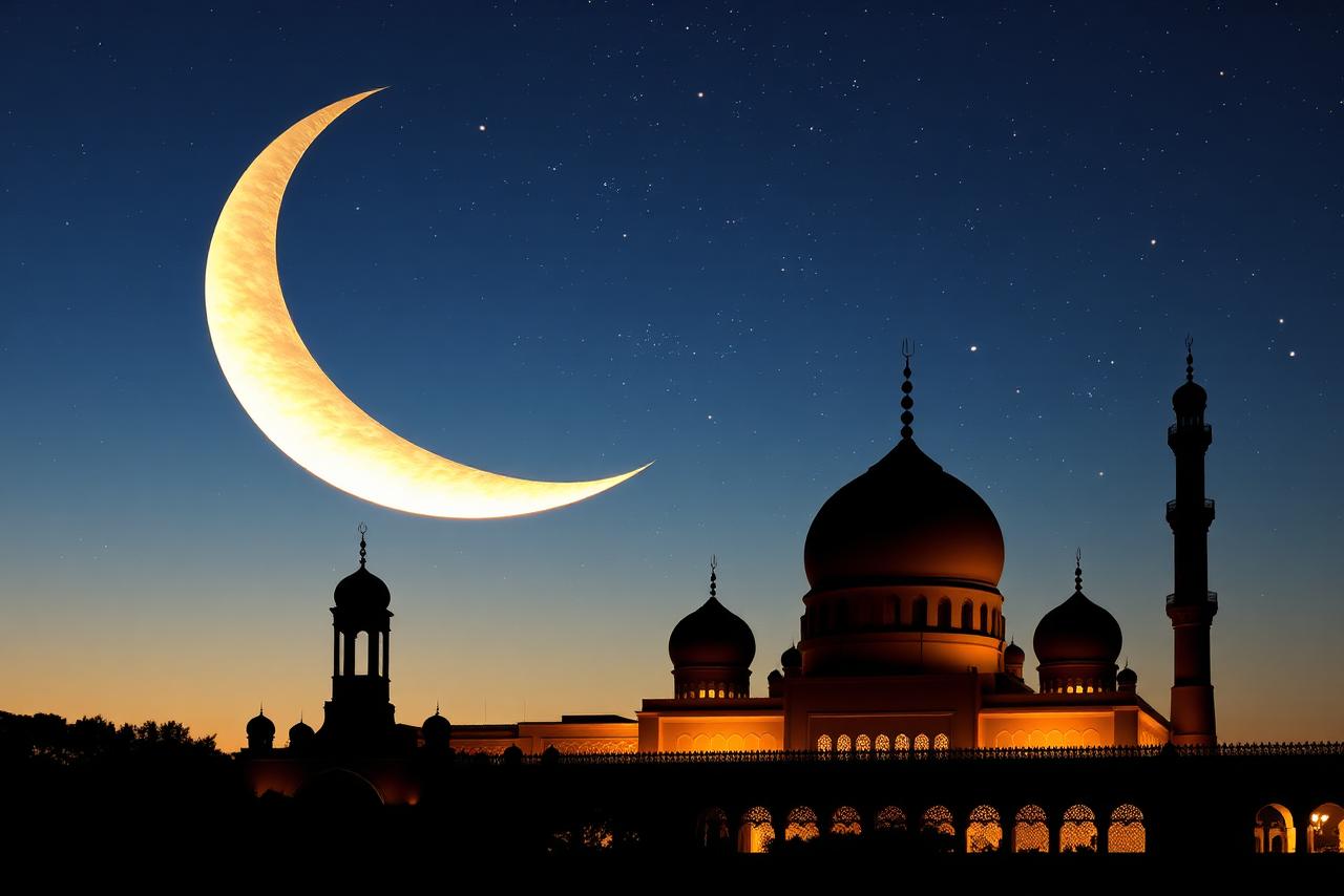 Ramadan crescent moon and mosque